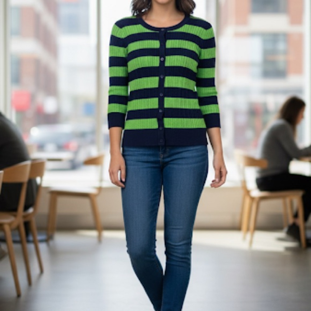 Talbots Navy and Green 3/4 Sleeve Cable Knit Cardigan - Size Small Petite